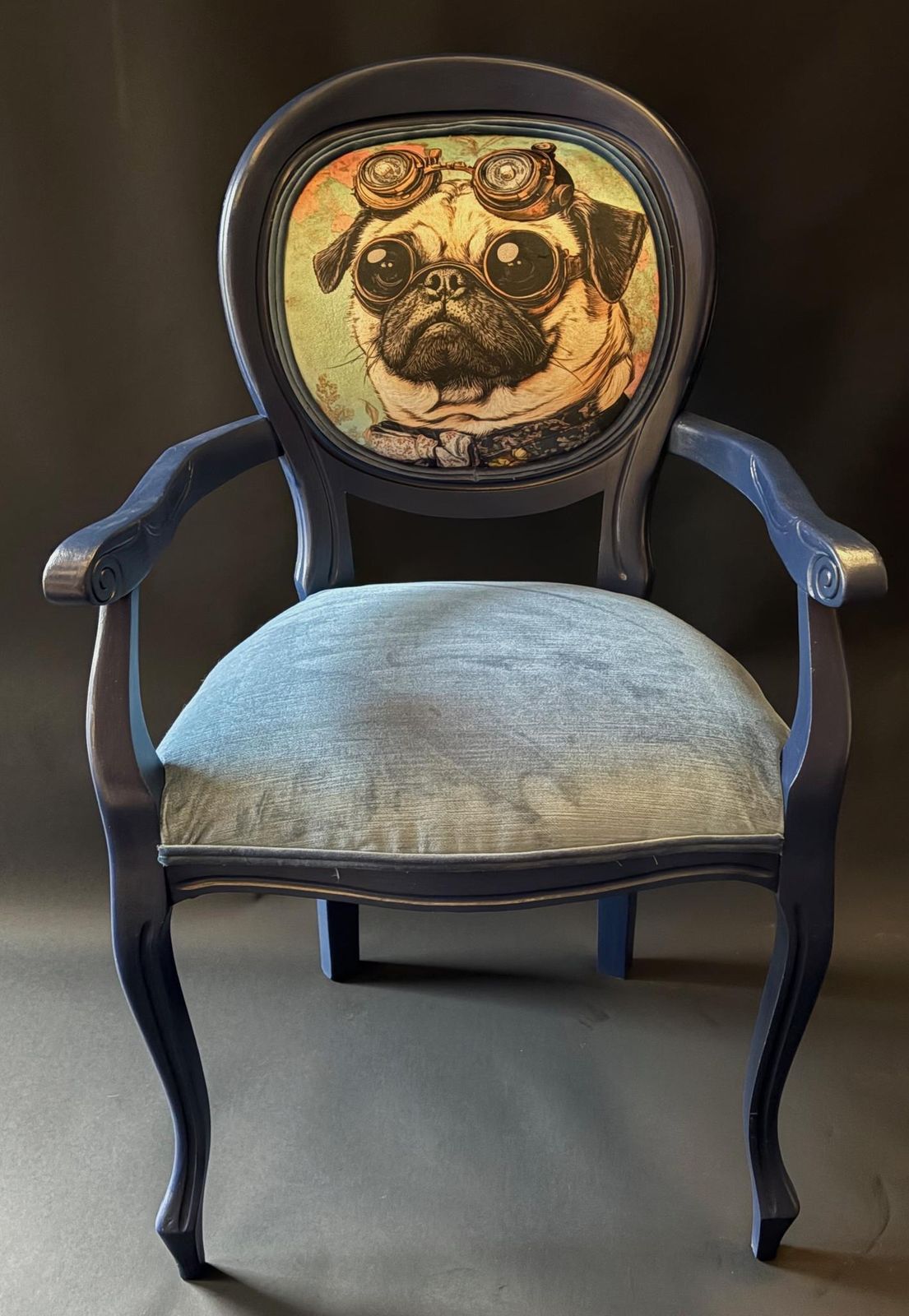 Upcycled Vintage Louis Style Armchair – Navy Painted Frame, Velvet Seat & Steampunk Pug Back photo buy