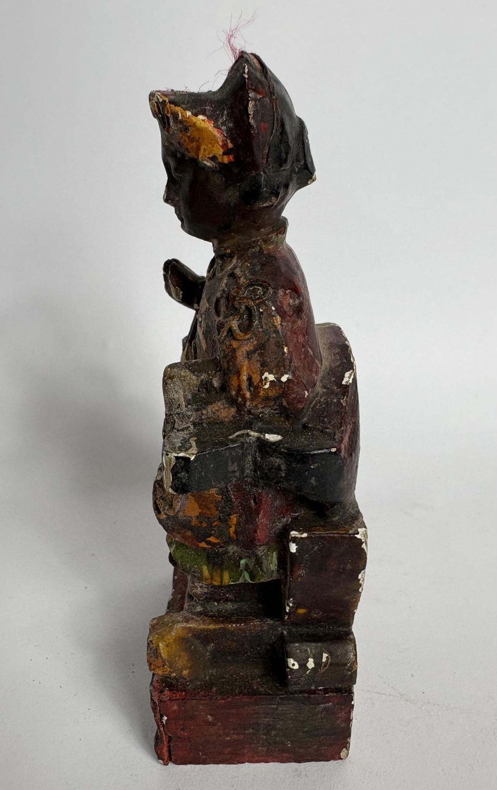 Antique Chinese Carved Wooden “Emperor” Figure – Polychrome Traces & Ink Inscription, 13cm photo for sale