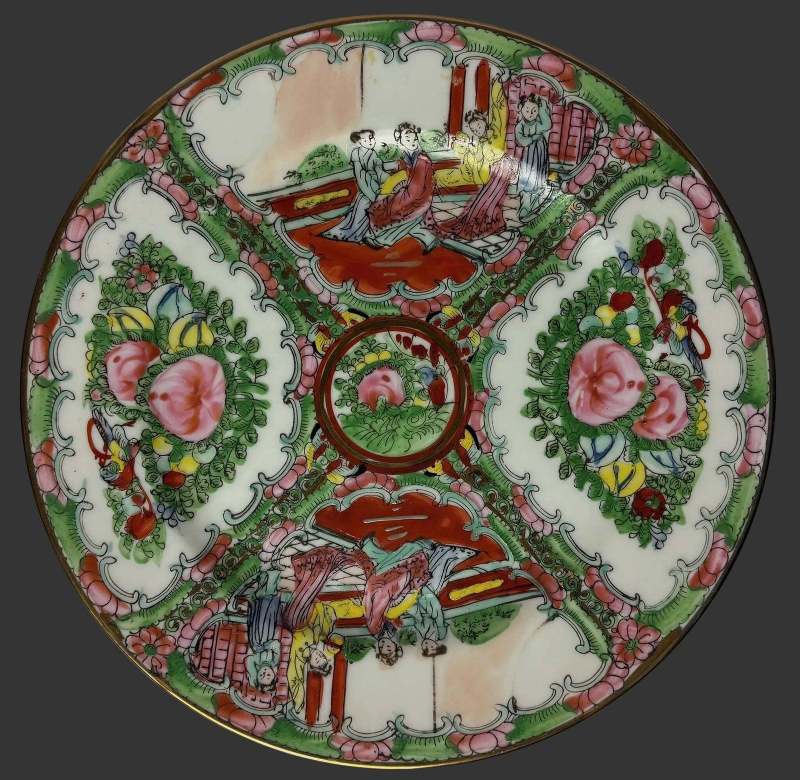 Chinese Famille Rose Medallion Porcelain Plate With Figures & Peonies, Qianlong Style Mark