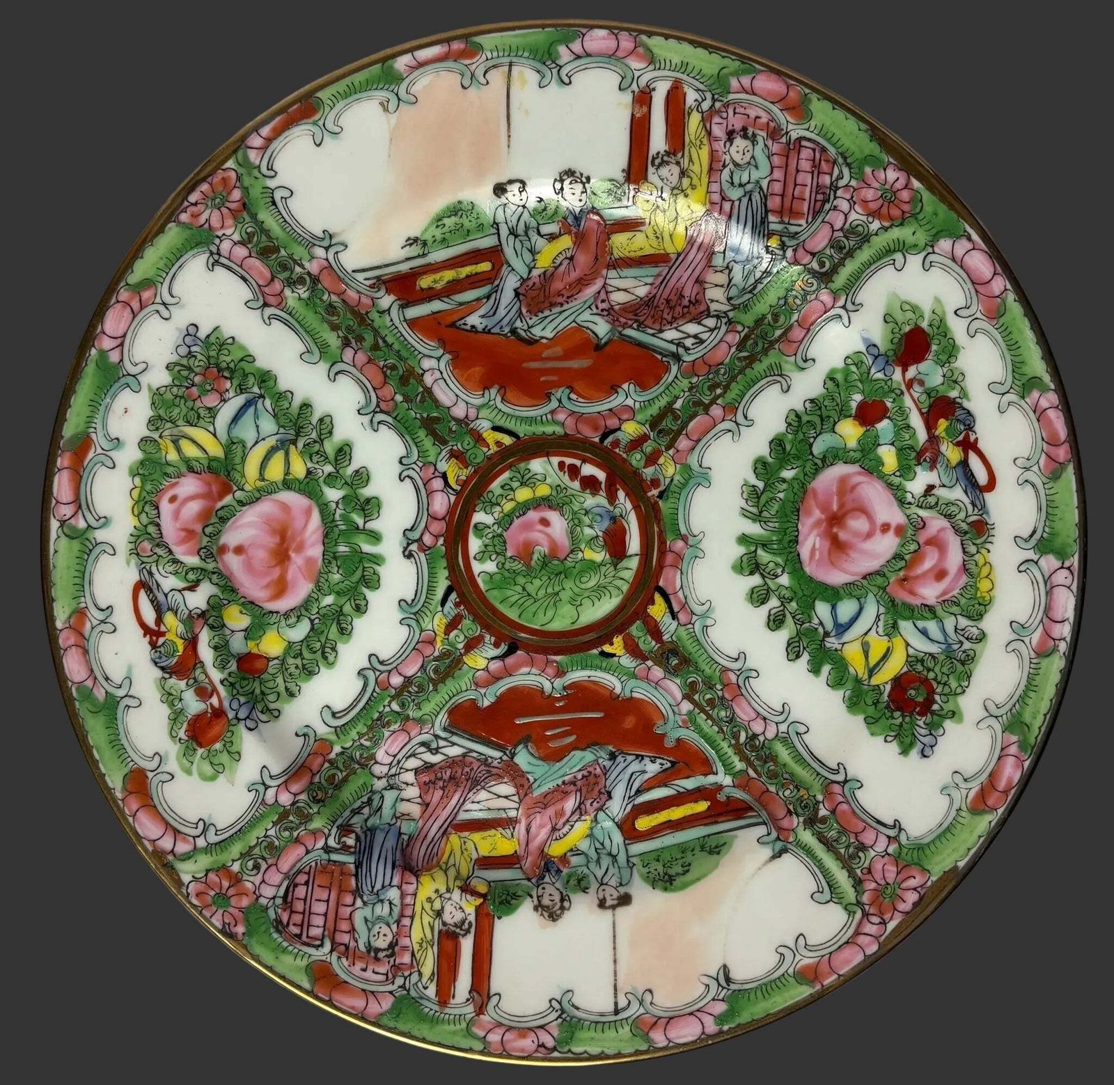 Chinese Famille Rose Medallion Porcelain Plate With Figures & Peonies, Qianlong Style Mark photo furniture