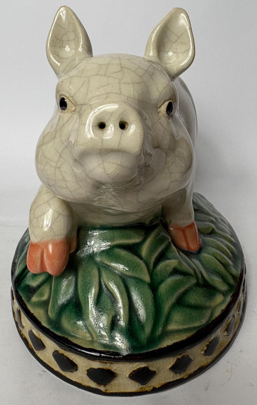 photo vinterior Pair Of Vintage Glazed Ceramic Farm Animals – Cow & Pig On Oval Bases (C.25cm)