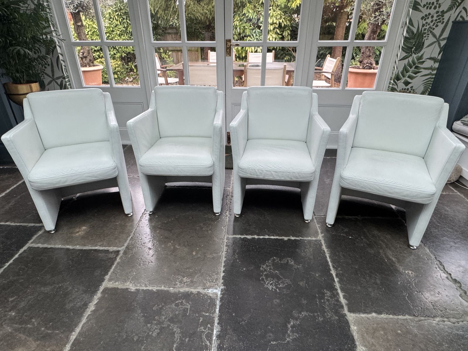 Set Of Four Rolf Benz White Leather Chairs