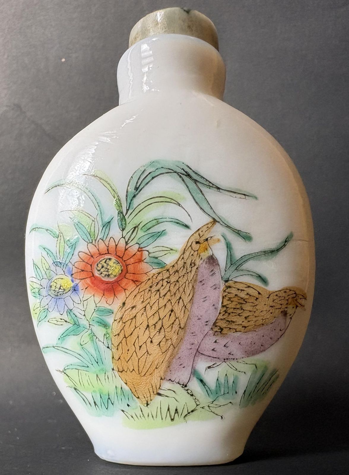 Early 20th Century Chinese Painted Glass Snuff Bottle – Quail & Flowers – 7cm – Three Character Mark photo furniture