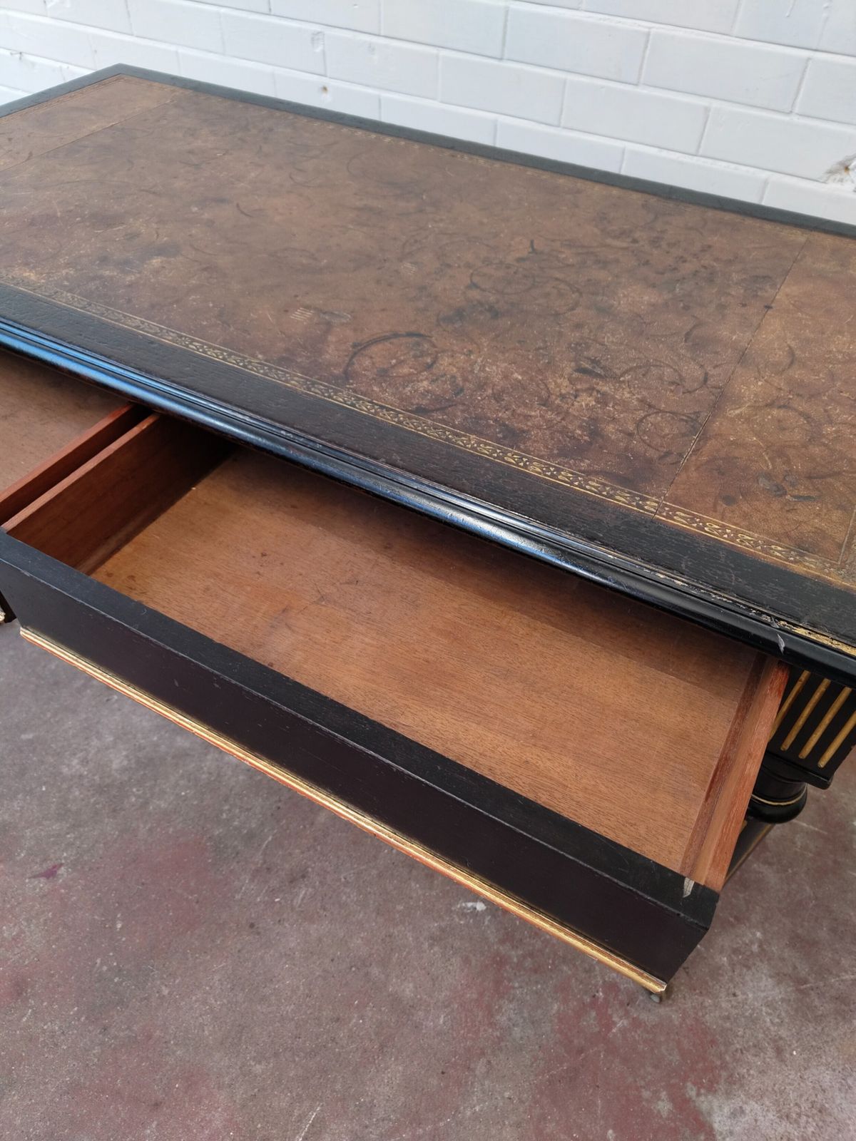 Furniture Antique Victorian English Aesthetic Movement Ebonised Leather Top Library Writing Table photo