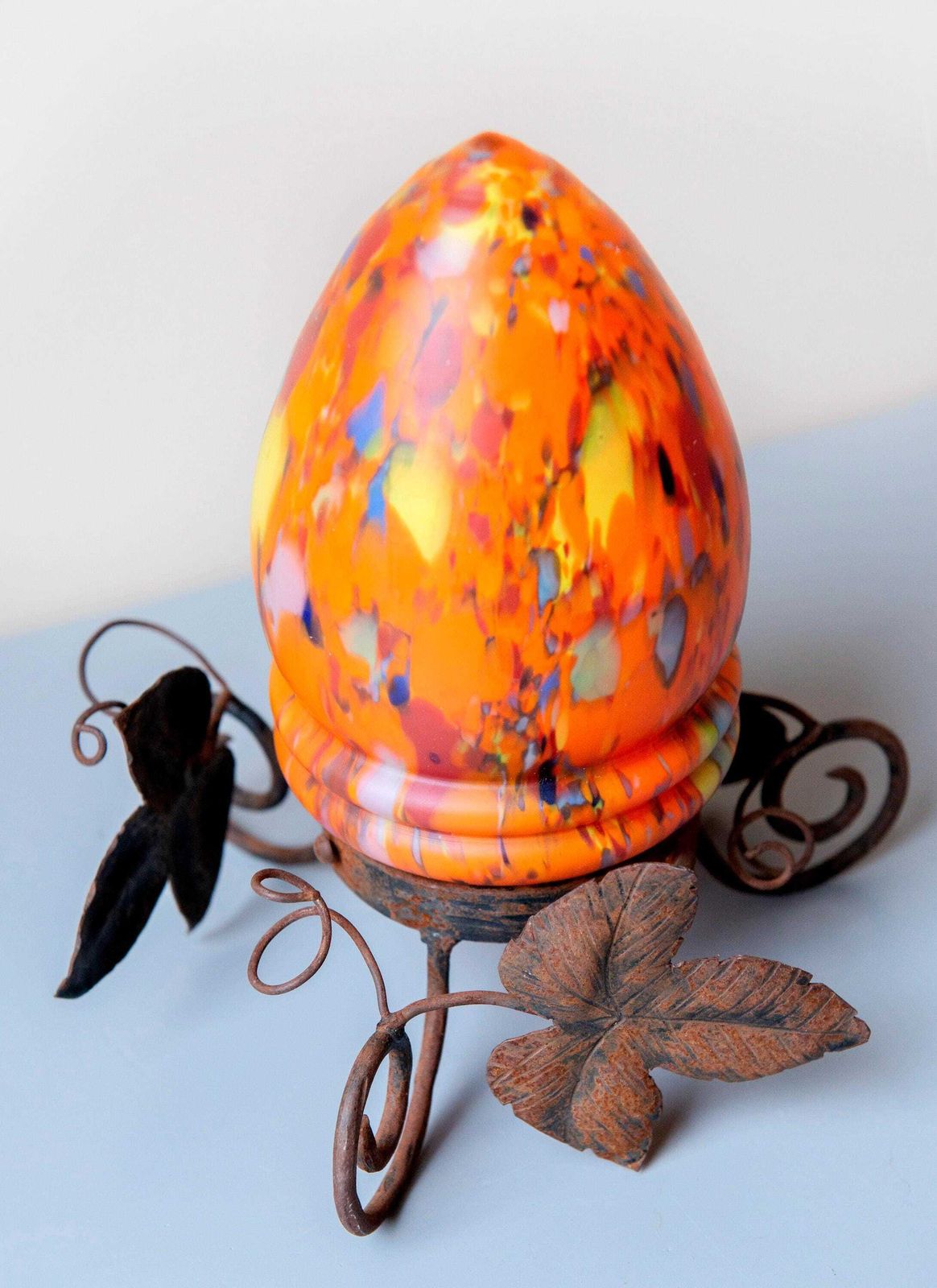 Antique Art Nouveau Wrought Iron Table Lamp – Marbled Art Glass Shade, Leaf Motif Base photo Lighting