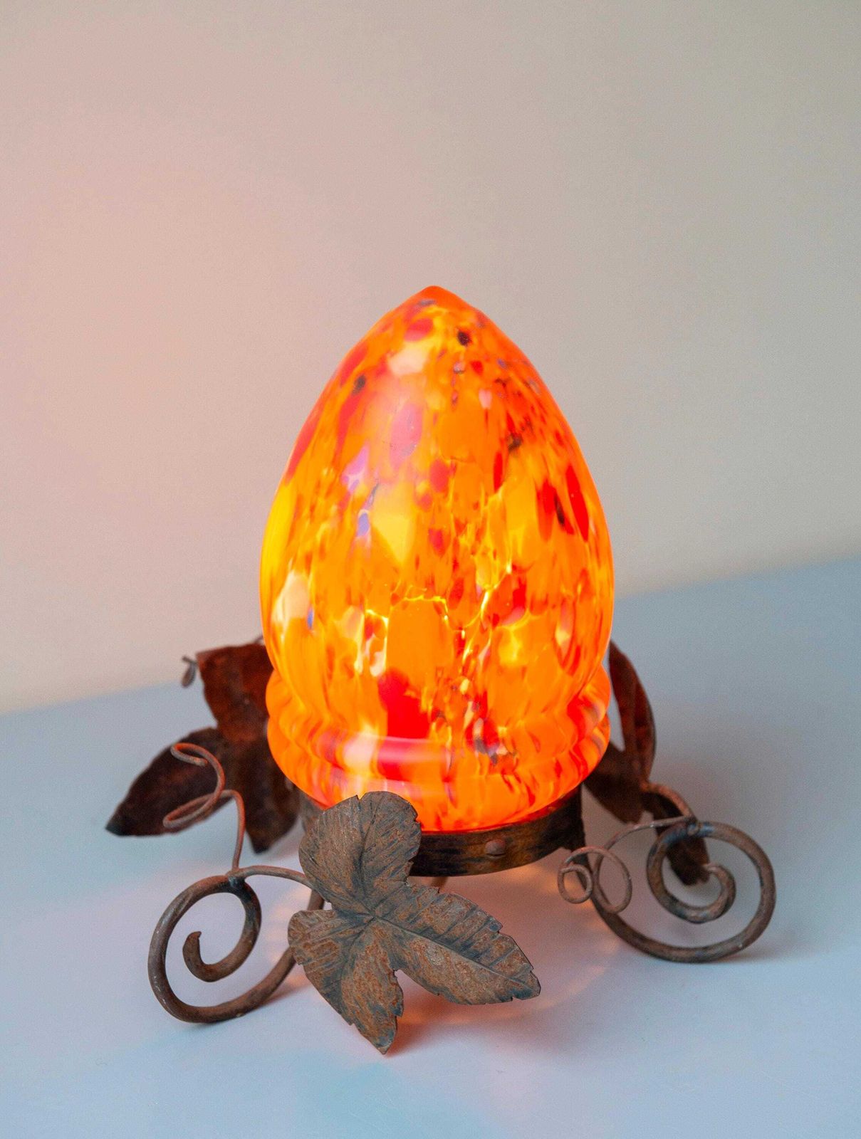 Antique Art Nouveau Wrought Iron Table Lamp – Marbled Art Glass Shade, Leaf Motif Base photo buy