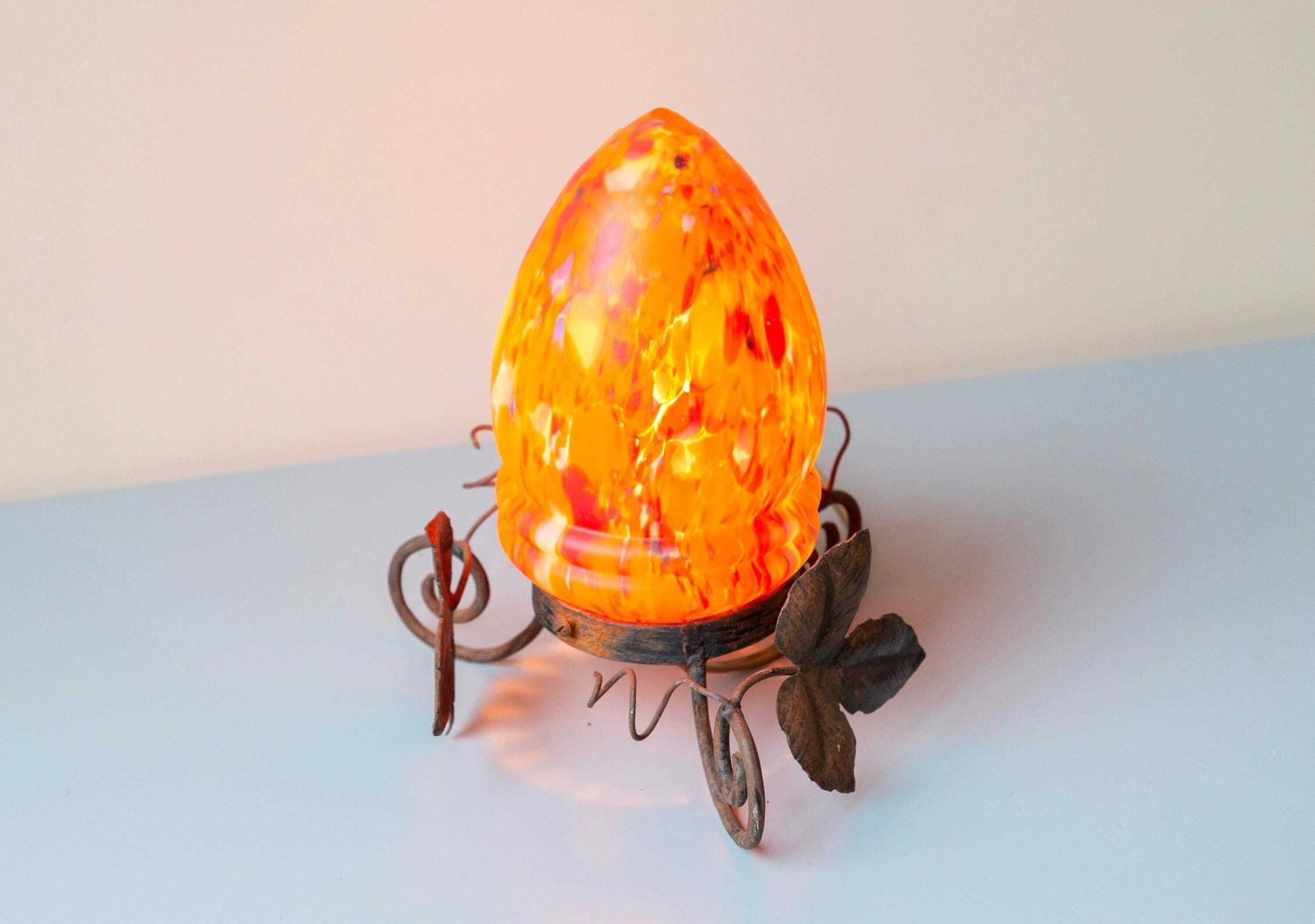photo for sale Antique Art Nouveau Wrought Iron Table Lamp – Marbled Art Glass Shade, Leaf Motif Base