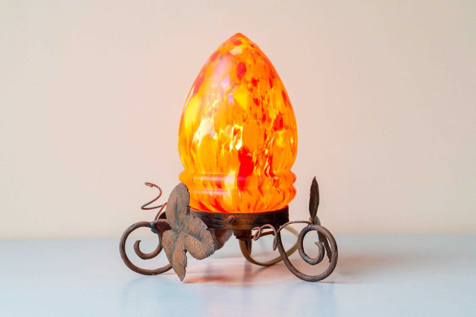 Lighting Antique Art Nouveau Wrought Iron Table Lamp – Marbled Art Glass Shade, Leaf Motif Base photo