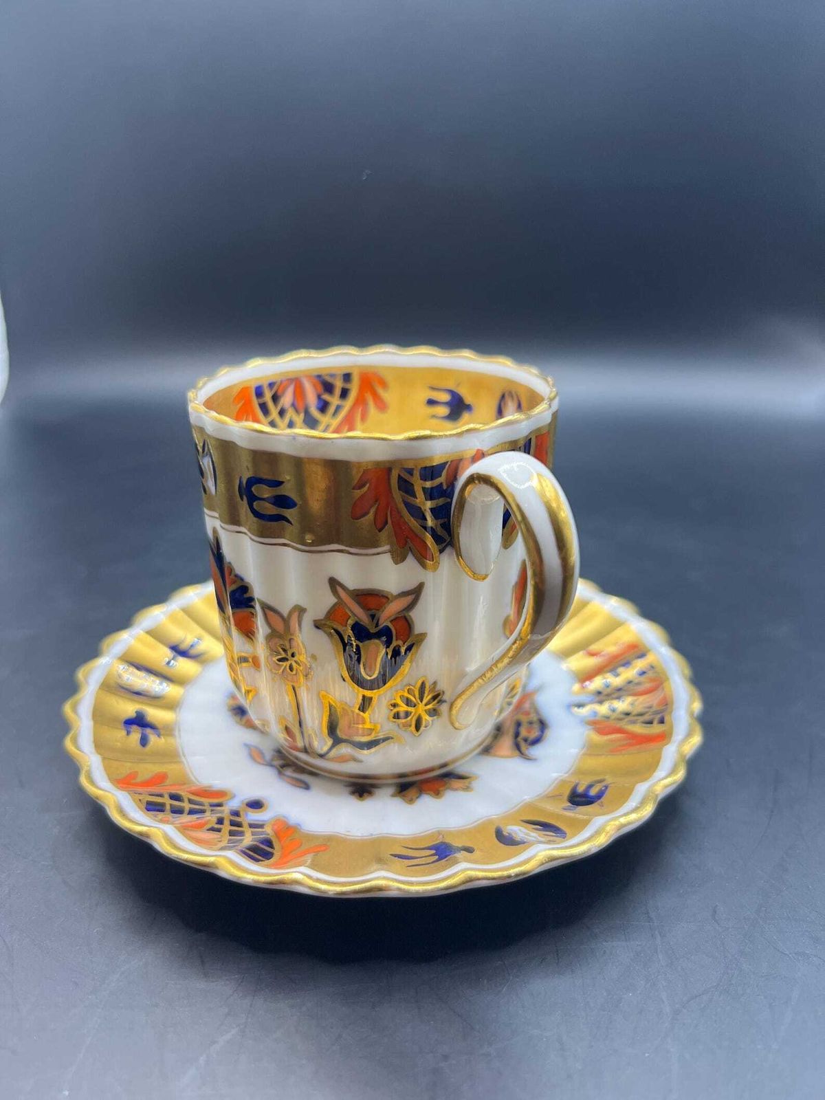 Antique Coffee Can  Tea Cup And Saucer Vibrant Imari Pattern With Gold Gilt Stamped Copeland 5.257. As Is photo furniture