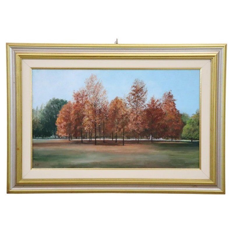 Autumn Landscape, Oil Painting On Canvas Cardboard, 20th Century, Framed