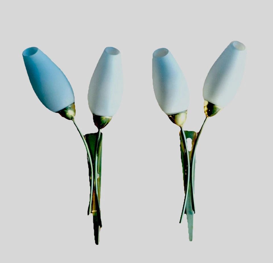 photo furniture Rare Pair 1950s Mid Century Brass & Matt Opaline Asea Sweden Wall Lamps Lights