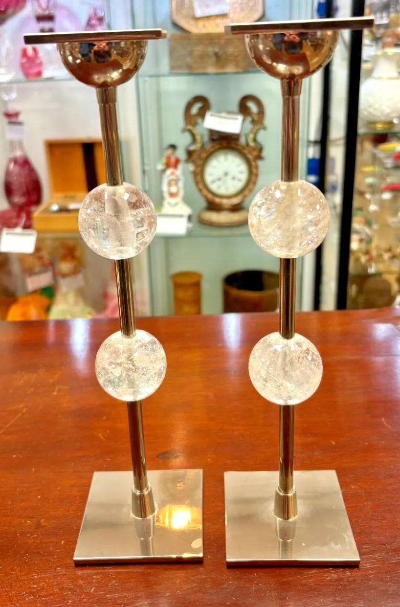 Pair Of Anna New York Chrome Metal & Clear Quartz Candlesticks As Found