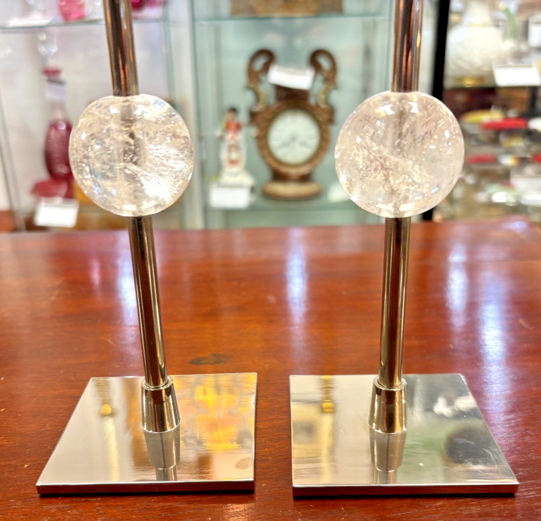 Pair Of Anna New York Chrome Metal & Clear Quartz Candlesticks As Found photo for sale