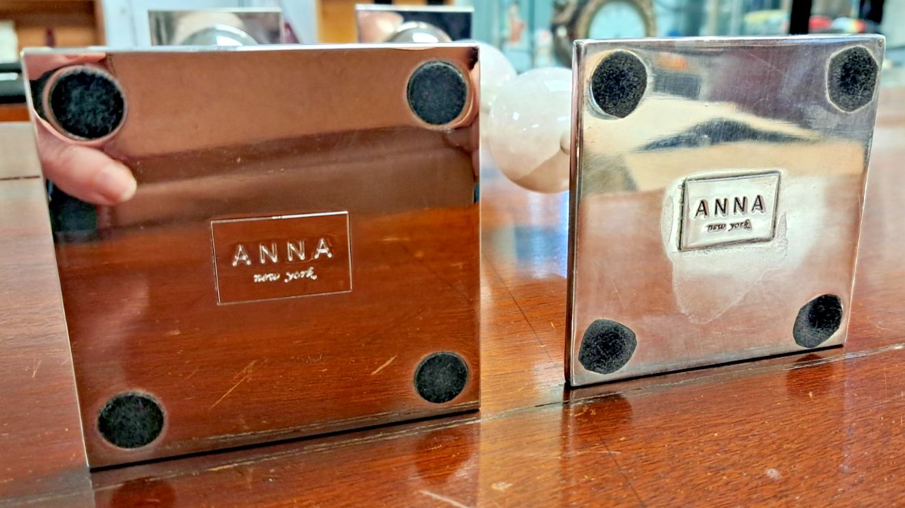 Pair Of Anna New York Chrome Metal & Pink Quartz Candlesticks As Found photo buy