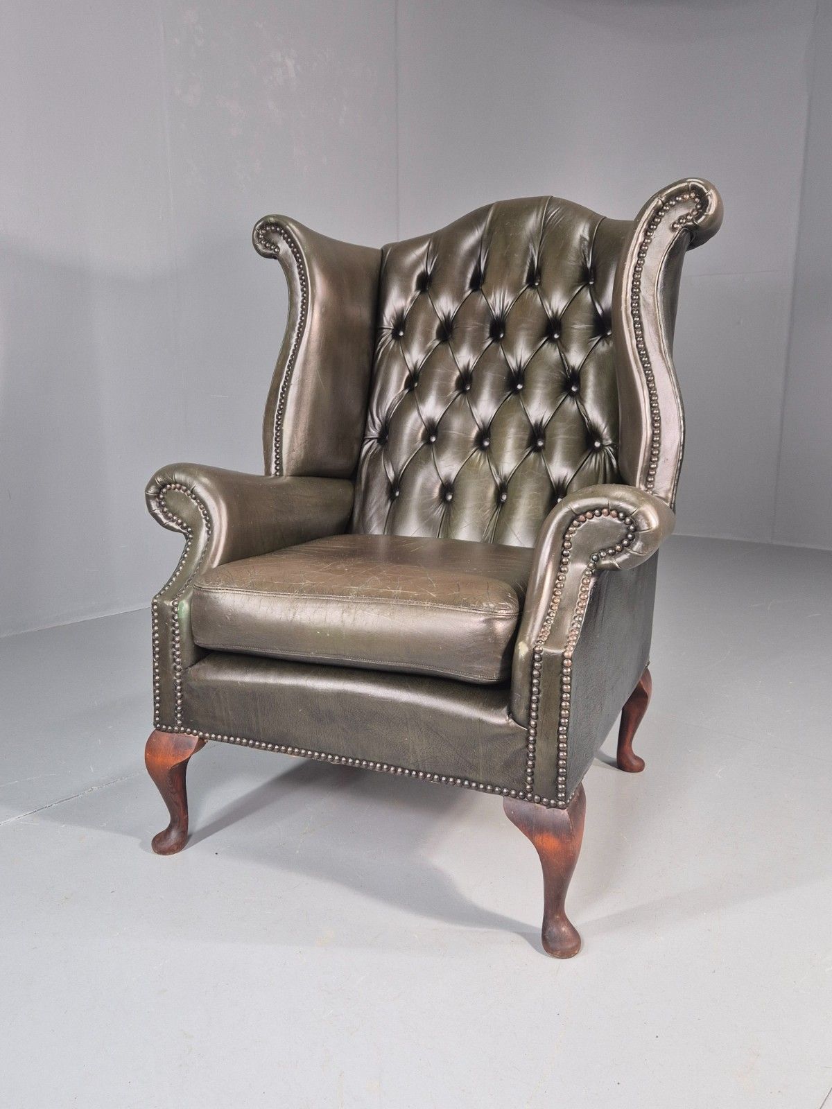 Vintage Wingback Leather Lounge Chair Queen Anne Style 1970s Retro Eb11532 Vlea photo furniture