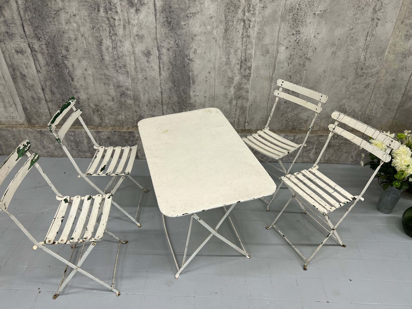 White Metal Folding Garden Table And Set Of 4 Folding Chairs photo furniture