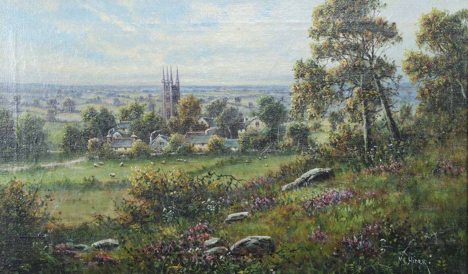 Small Antique English Oil Painting Picture Landscape Scene Of Widecombe Village By M. C. Hider (Circa 1920) photo for sale