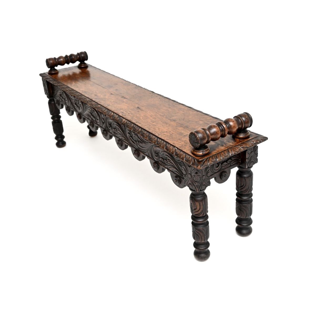 Antique Victorian Carved Oak Bench photo for sale