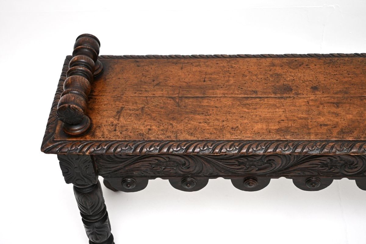Antique Victorian Carved Oak Bench photo vinterior