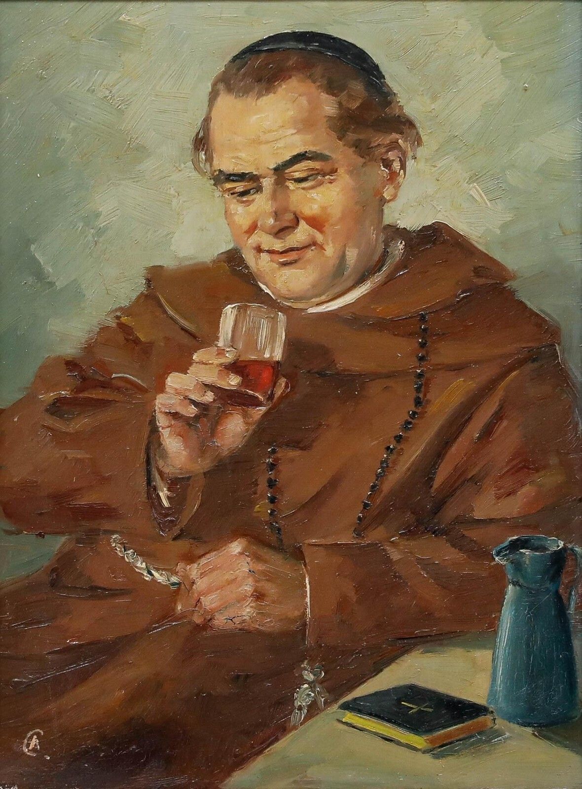 A. Czinzoll Framed 20th Century Oil, Wine Drinking Monk photo furniture