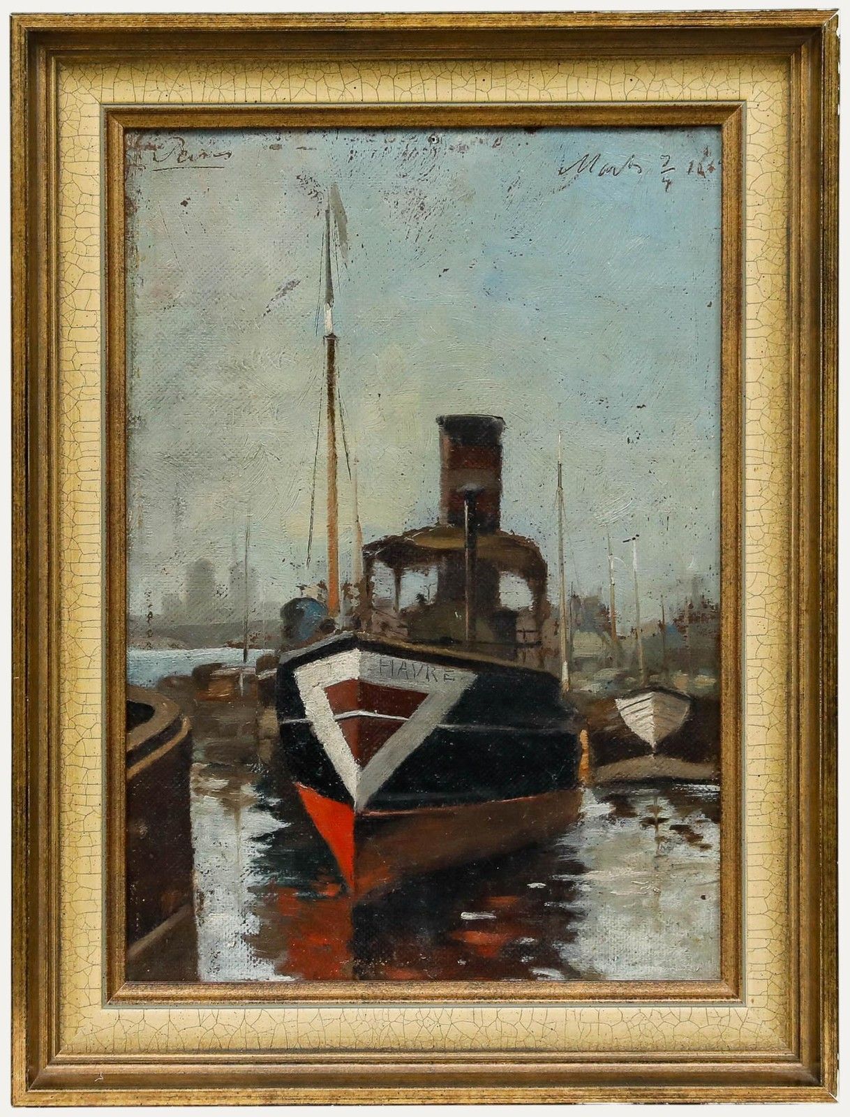 Framed French School Late 19th Century Oil Steamboat 'Havre'