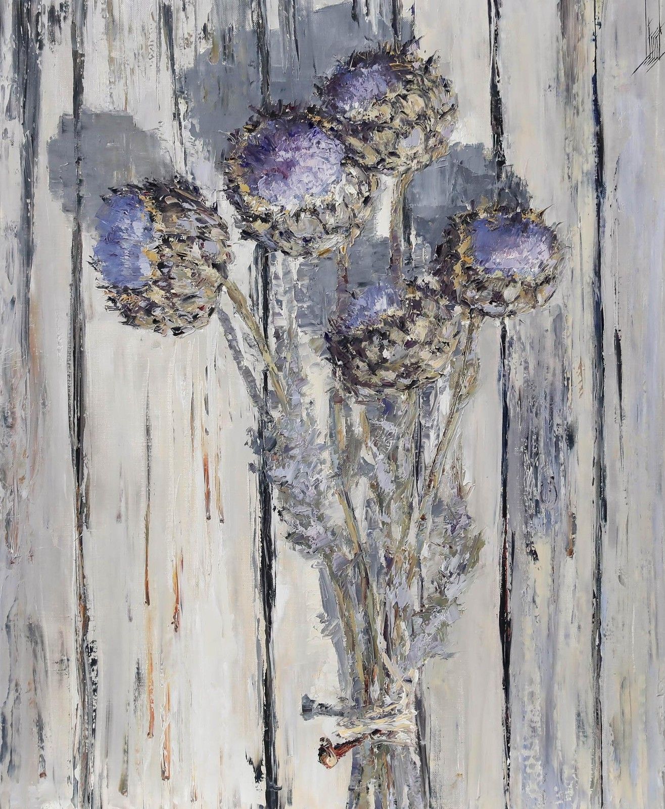Robert Josset (B.1949) Contemporary Oil, Artichoke Flowers photo furniture