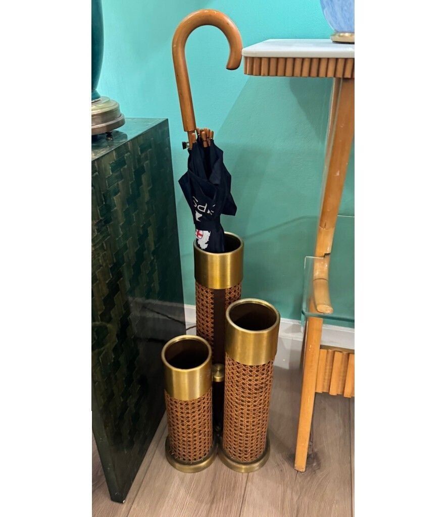 An Unusual 1970s Italian Rattan, Gilt Metal And Leather Umbrella Stand photo furniture