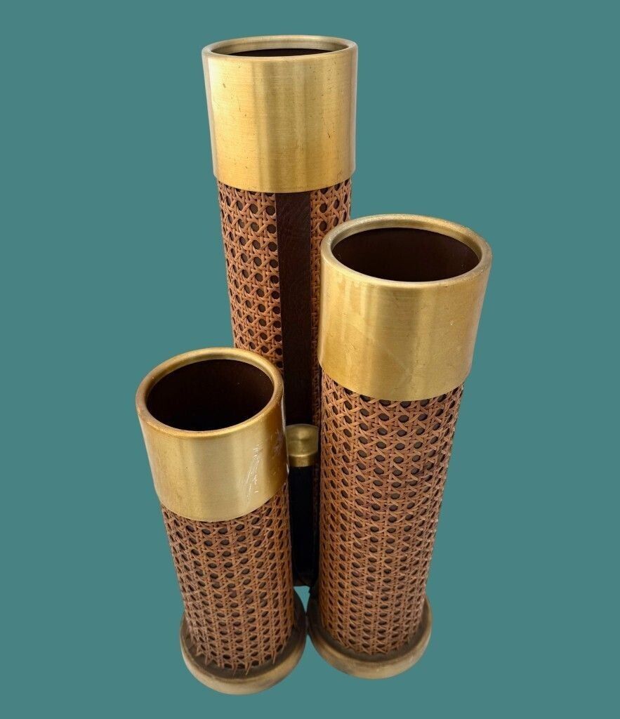 An Unusual 1970s Italian Rattan, Gilt Metal And Leather Umbrella Stand photo for sale
