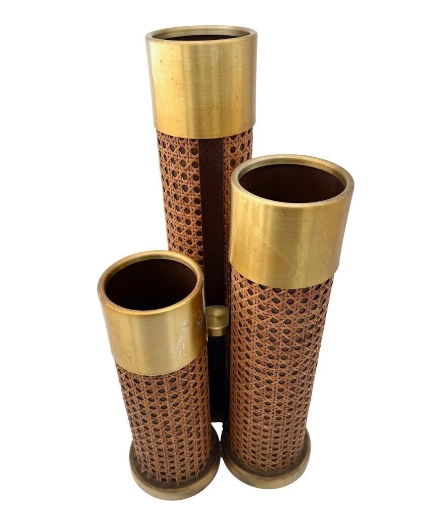 An Unusual 1970s Italian Rattan, Gilt Metal And Leather Umbrella Stand photo vinterior