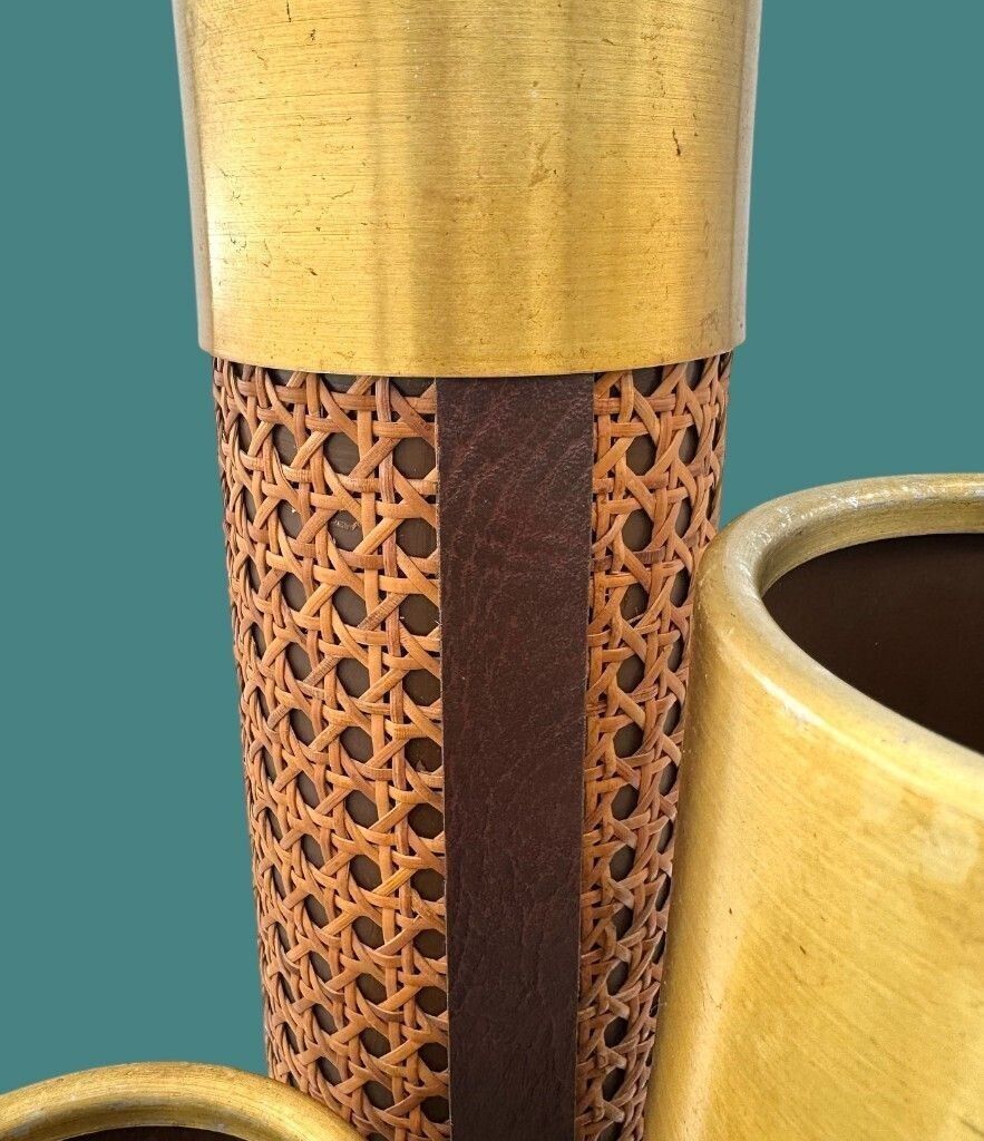 photo furniture An Unusual 1970s Italian Rattan, Gilt Metal And Leather Umbrella Stand