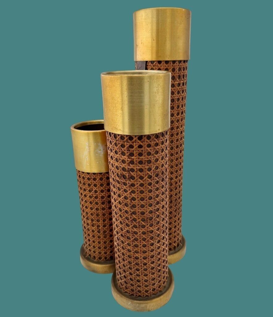 Home Decor An Unusual 1970s Italian Rattan, Gilt Metal And Leather Umbrella Stand photo