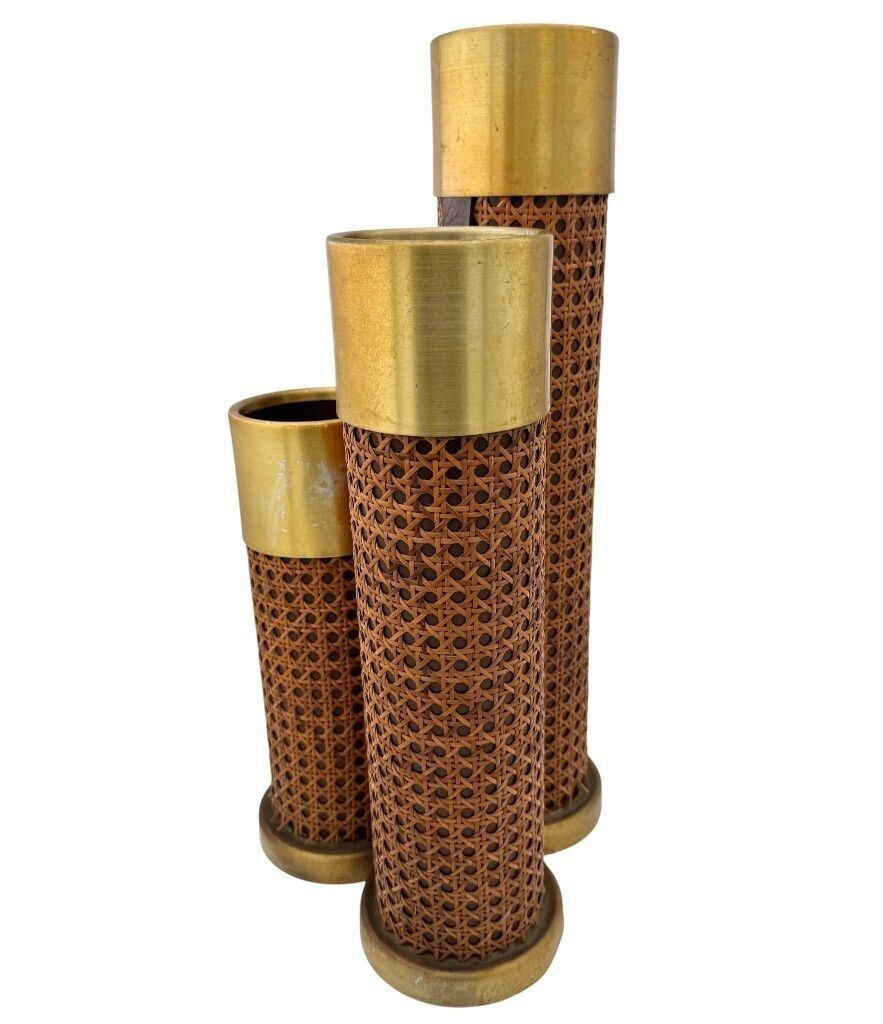 645.0 An Unusual 1970s Italian Rattan, Gilt Metal And Leather Umbrella Stand photo