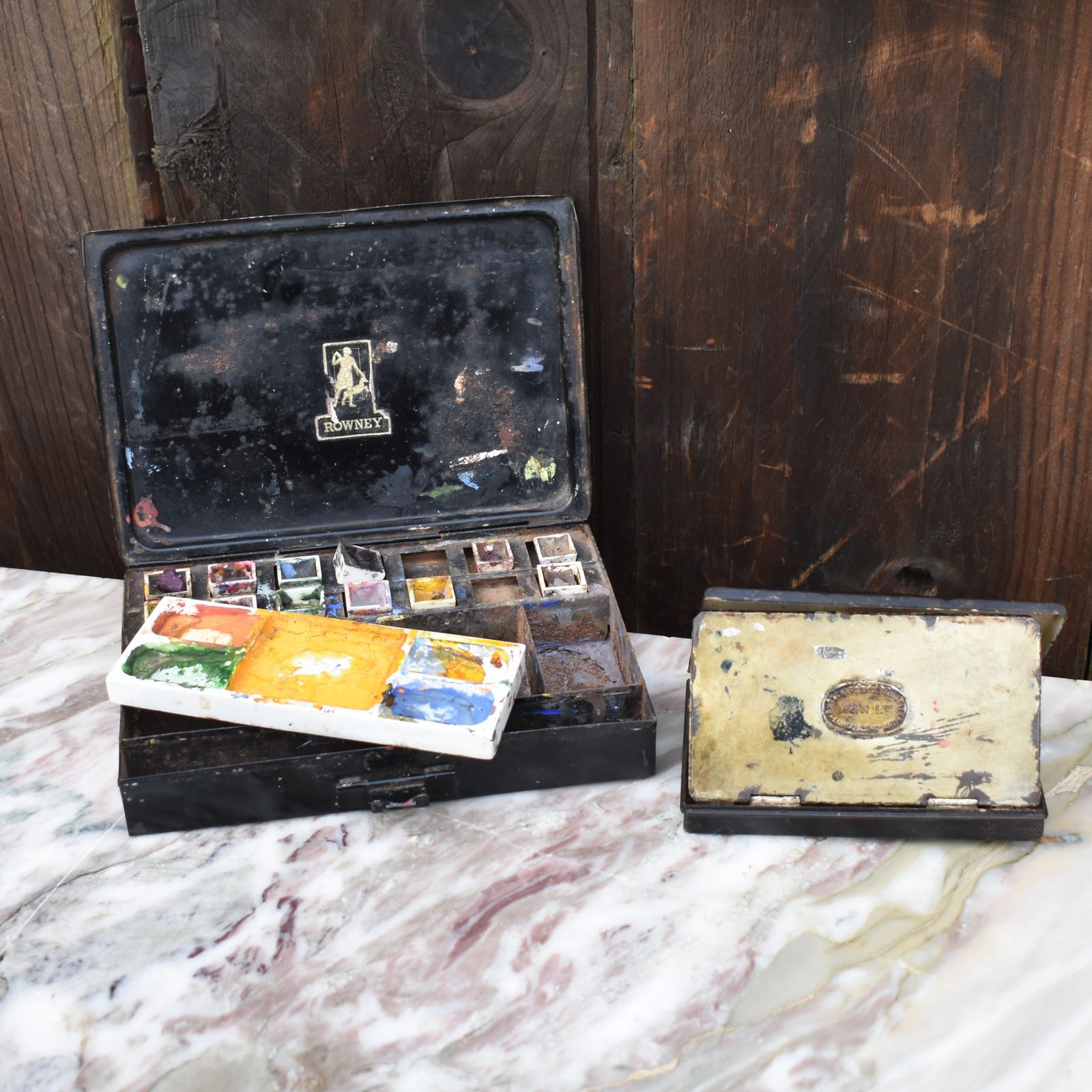 Antique Winsor & Newton Rowney Metal Travel Tins Artists Travel Paint Boxes Pair