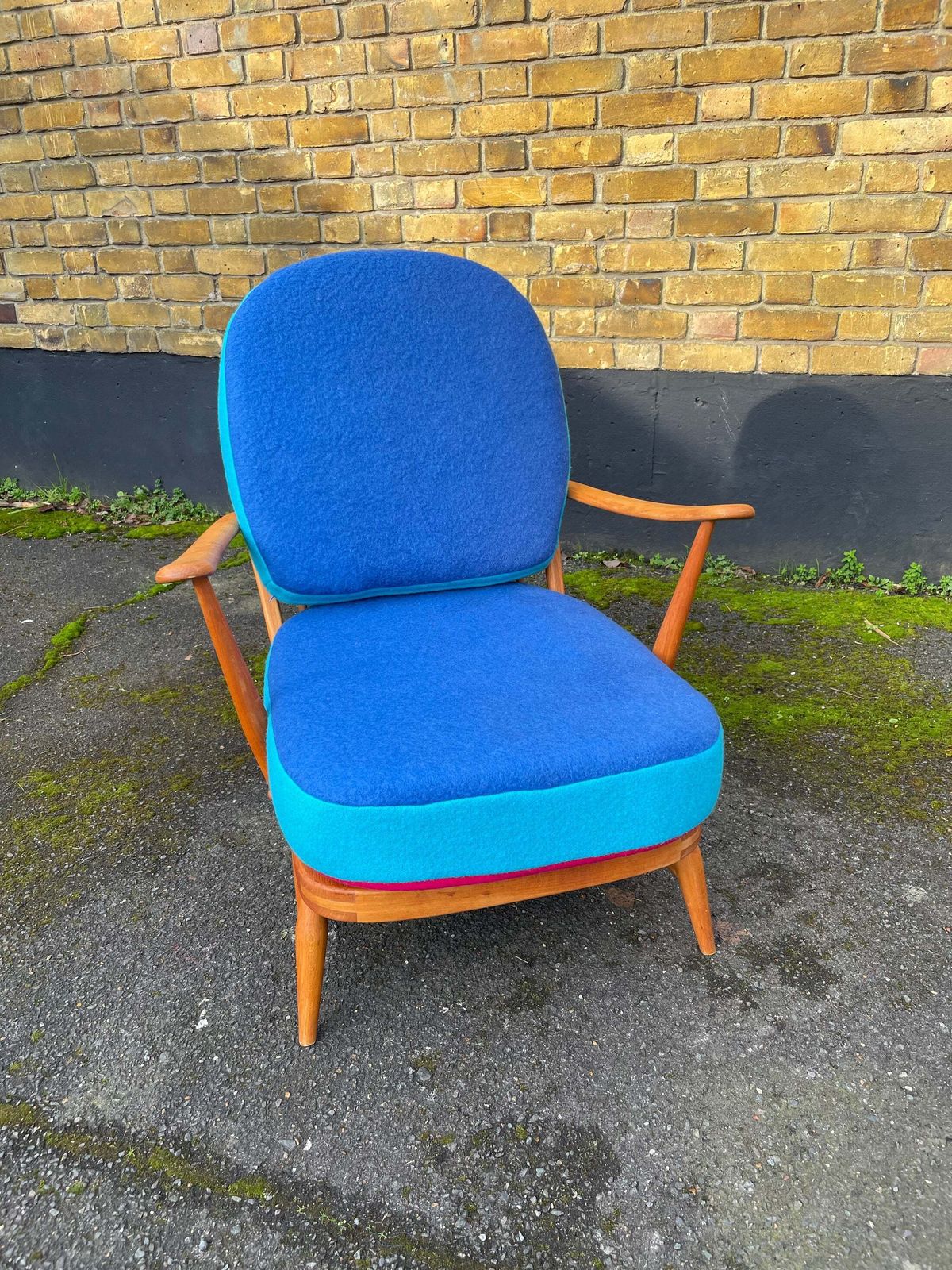 Vintage  Ercol Windsor 203 Armchair Fully Restored Blue Turquoise Pink Hand Dyed Wool Covers photo for sale