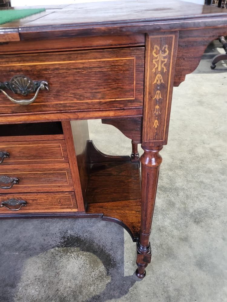 Antique Edwardian Inlaid Rosewood Small Writing Desk Table Drawers photo vinterior