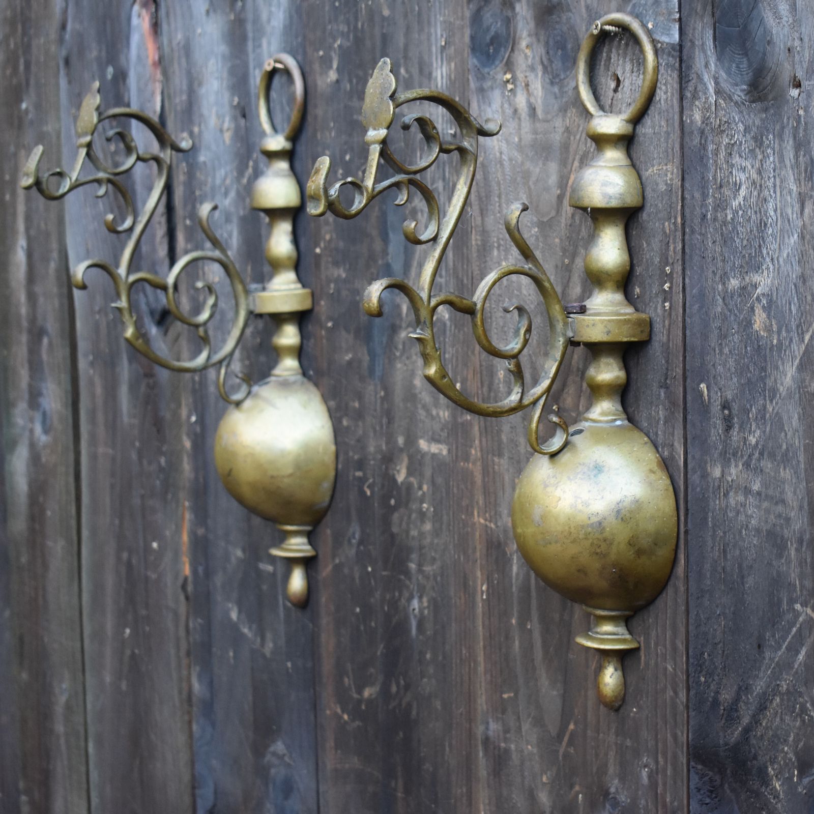 Antique Salvage Brass Ornate Scroll Half Orb Wall Hanging Brackets Pair photo Art