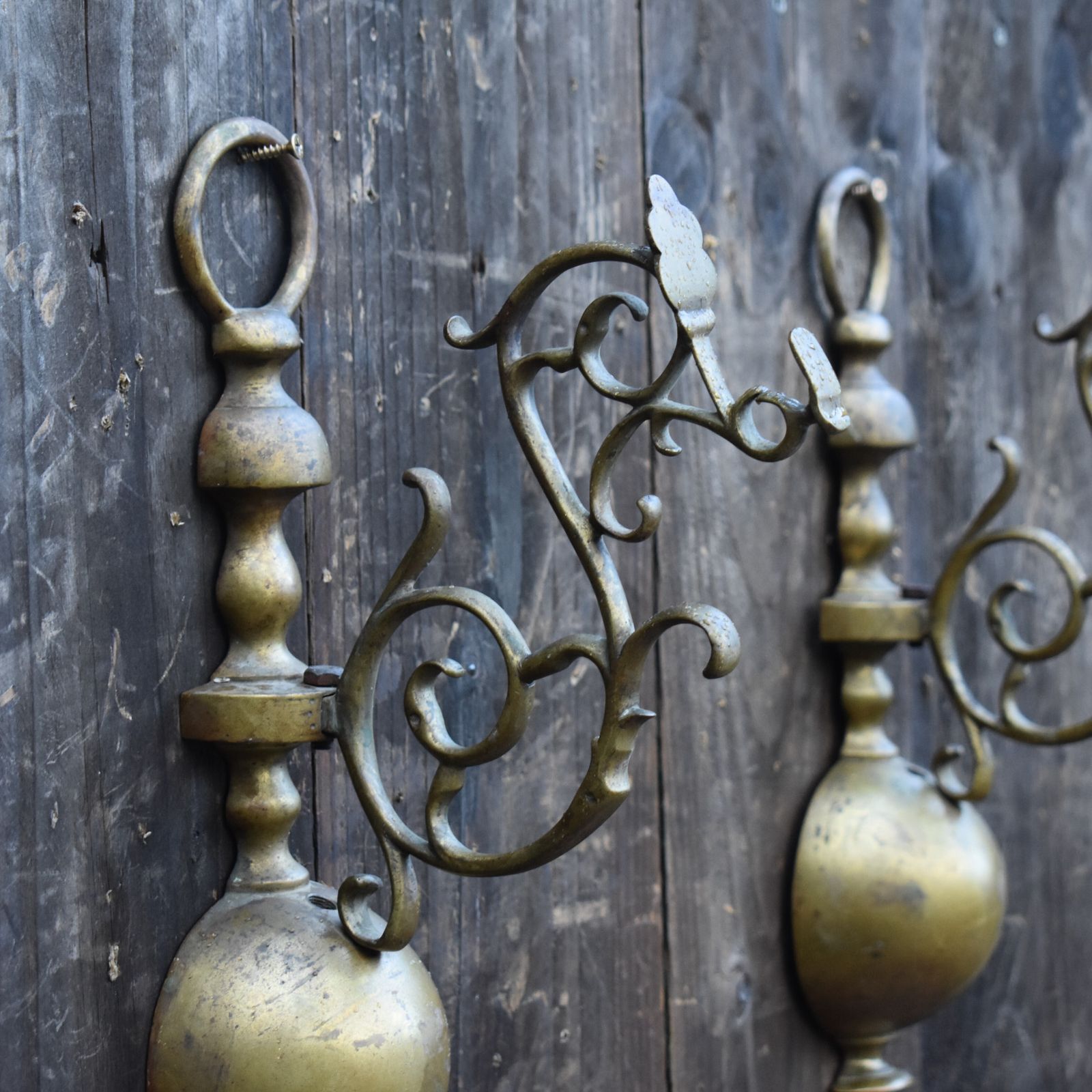 Antique Salvage Brass Ornate Scroll Half Orb Wall Hanging Brackets Pair photo vintage