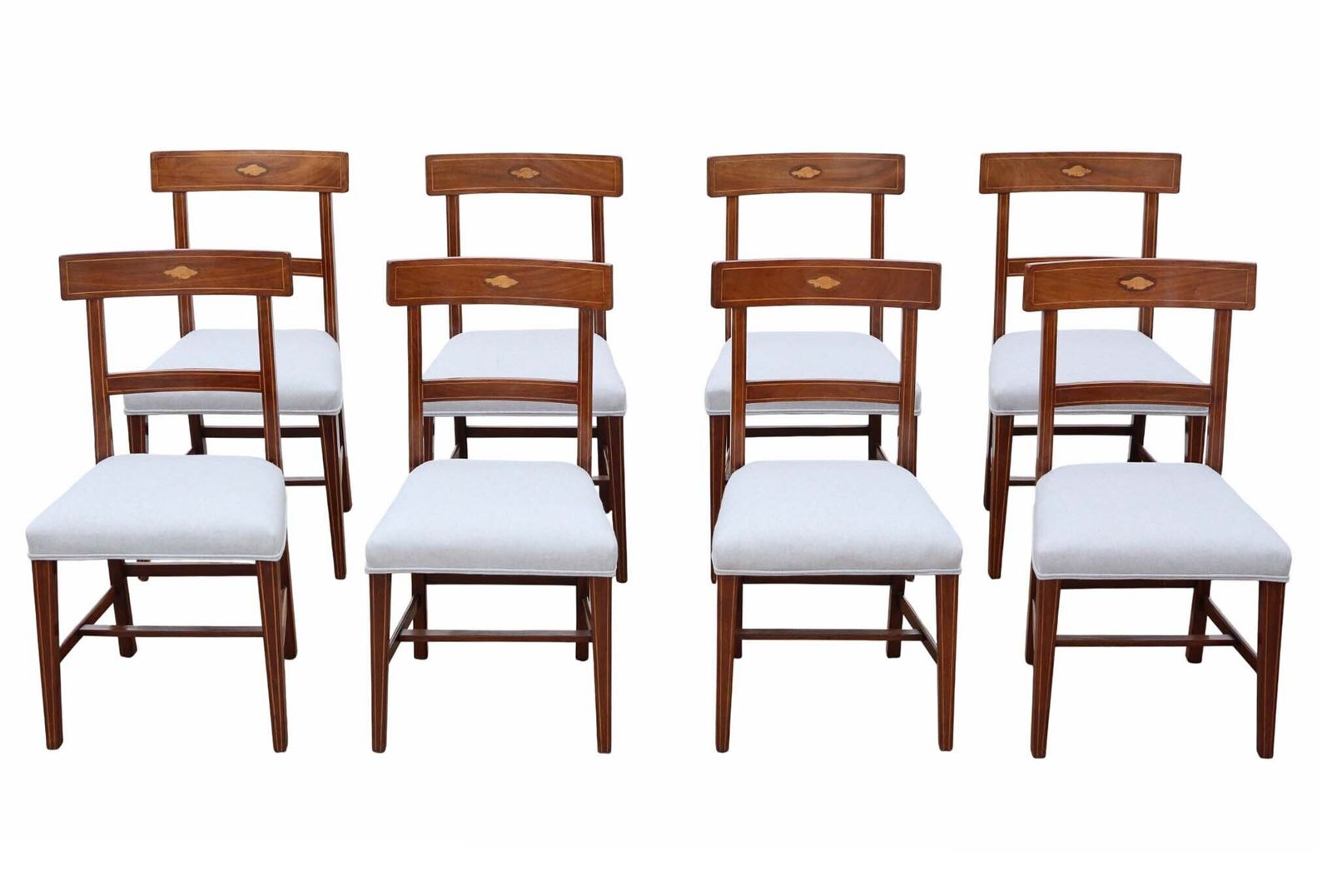 Antique 19th Century Set Of 8 Inlaid Mahogany Dining Chairs – Shell Marquetry