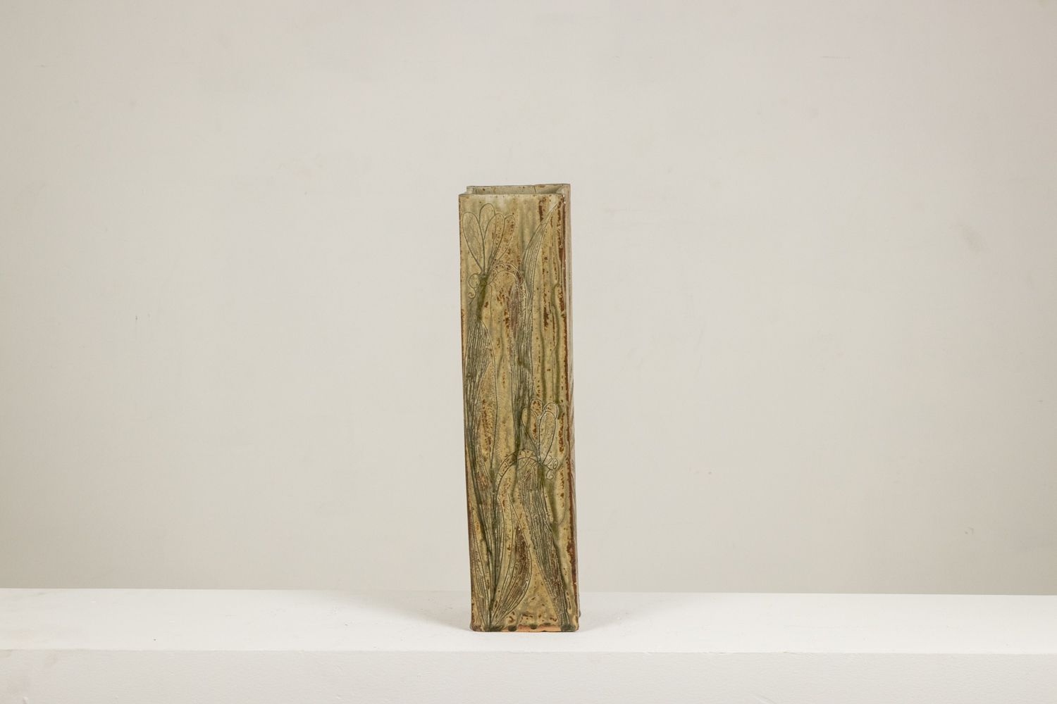 Brutalist Style Stoneware Vase With Plant Decoration. 1970s. photo furniture