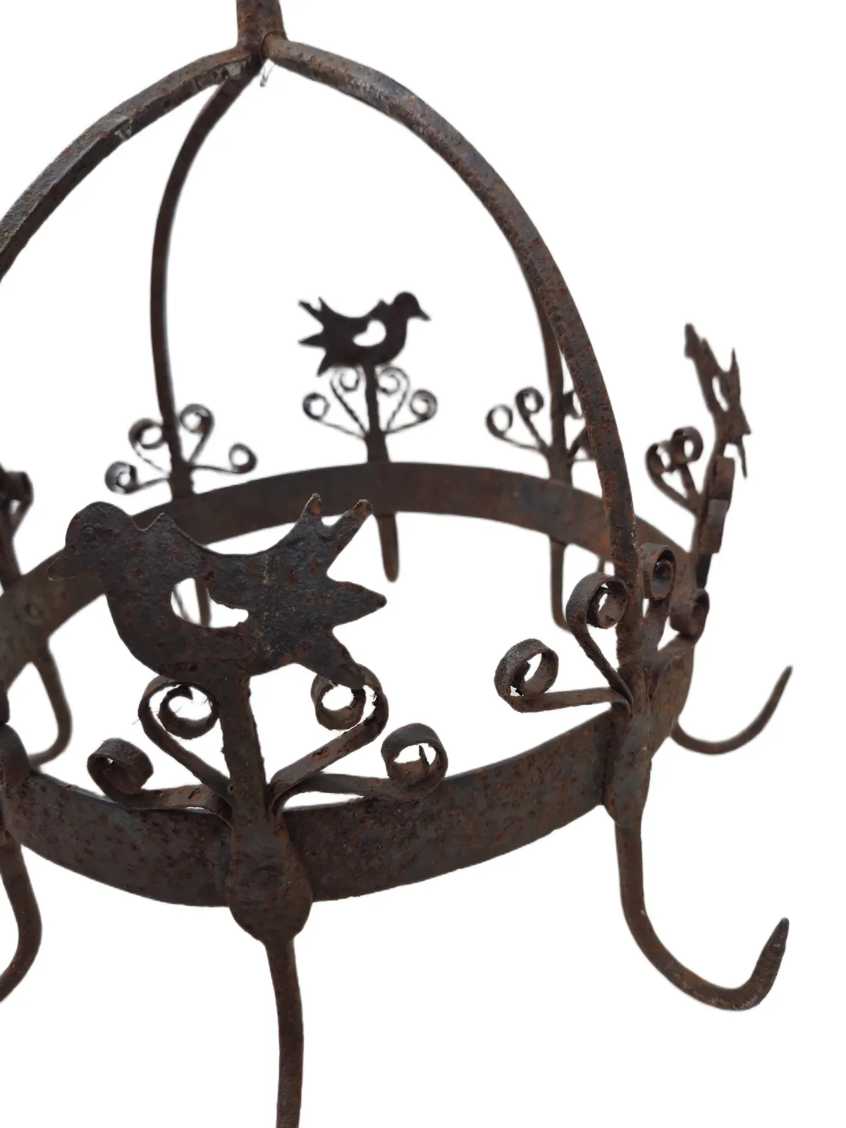 Antique French Heavy Wrought Iron Crown Pan Hanger Or Game Hanger With 8 Hooks photo vintage