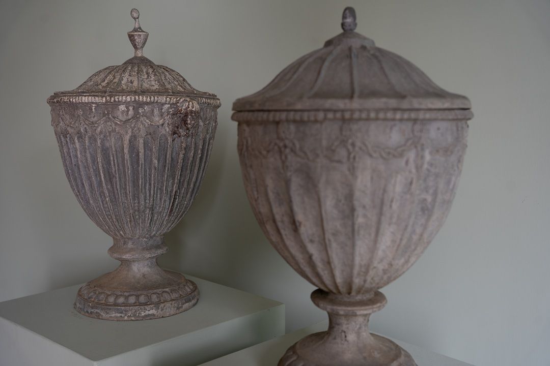 Near Pair Of Heavy Garden Lead Urns photo for sale