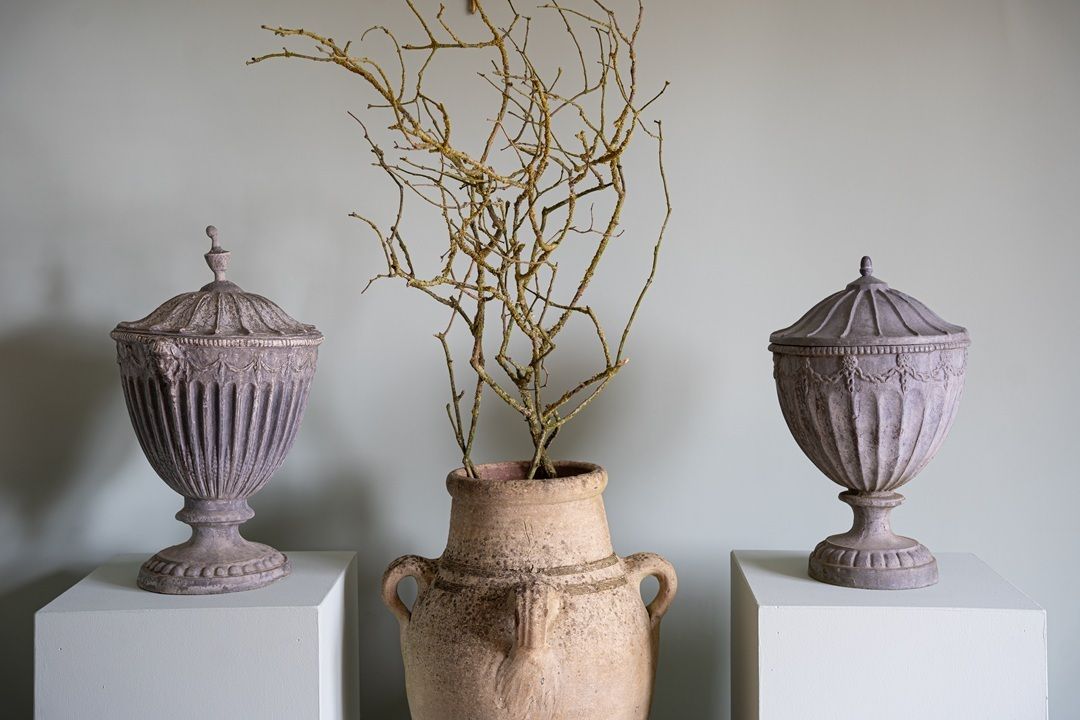 Near Pair Of Heavy Garden Lead Urns photo vintage