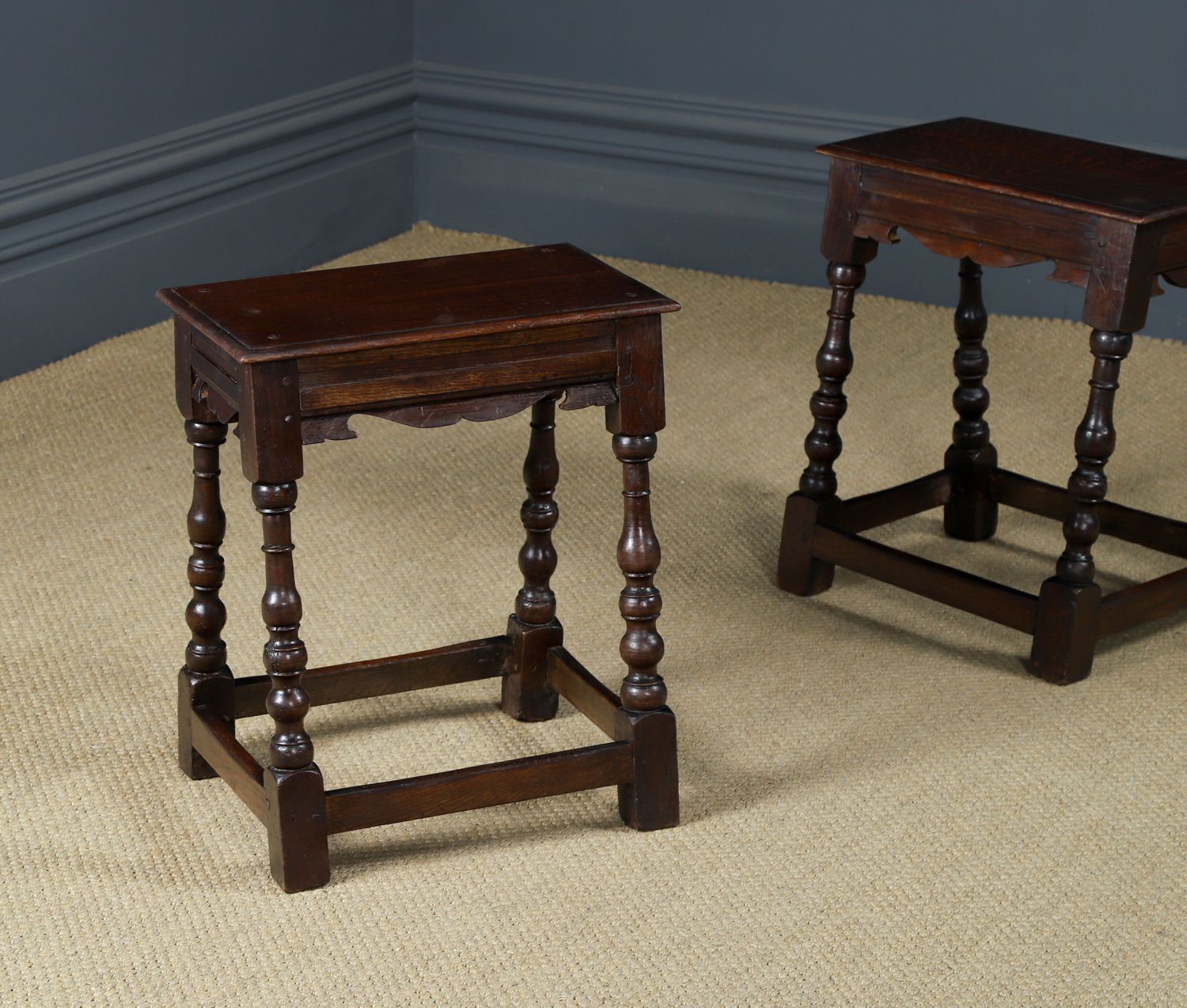 photo furniture Antique English Pair Of 17th Century Style Oak Joint Stools / Occasional / Bedside Tables (Circa 1880)