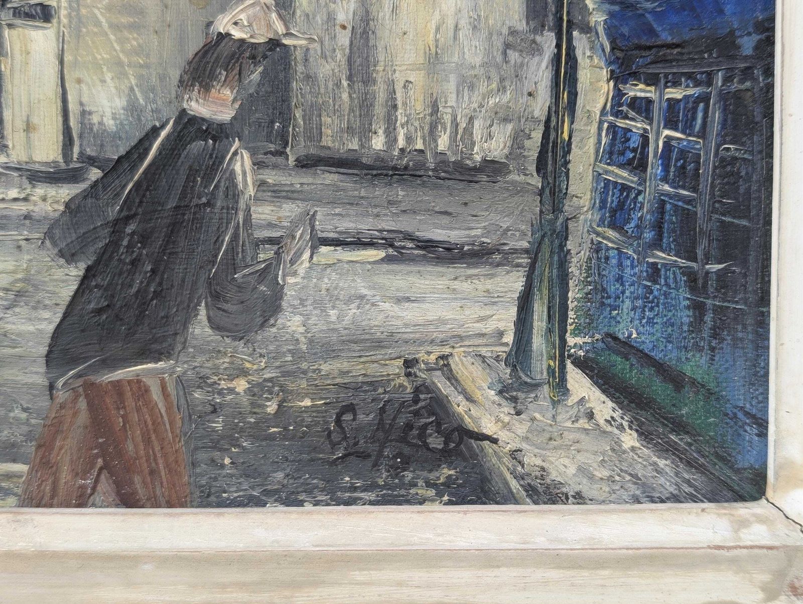 French Sacré Cœur Paris Night Oil Painting Art: Signed S. Nico Montmartre Street Scene In Hand Carved Frame photo for sale