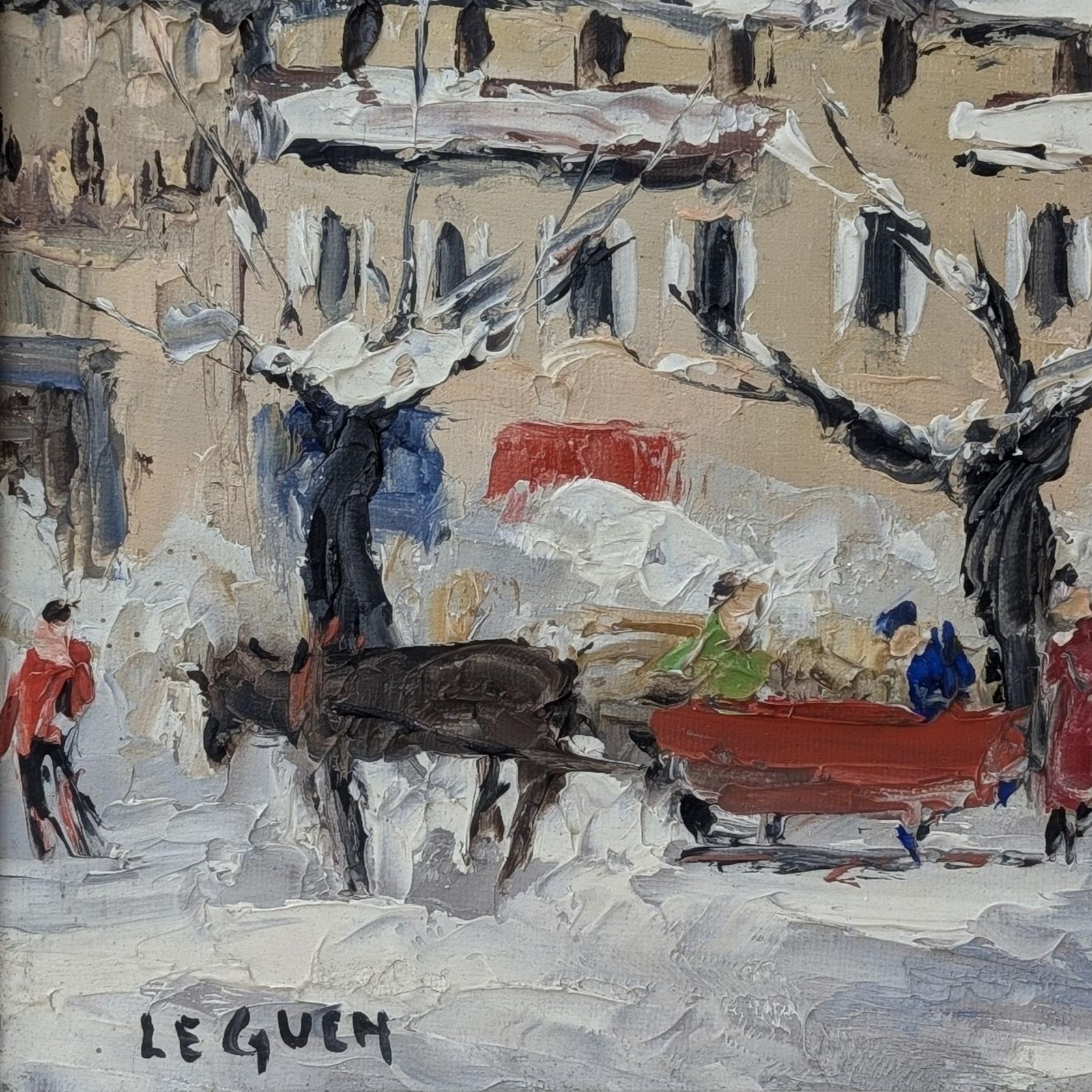 French Alps Winter Village Oil Painting On Canvas: Mid Century Impasto Snow Scene photo for sale