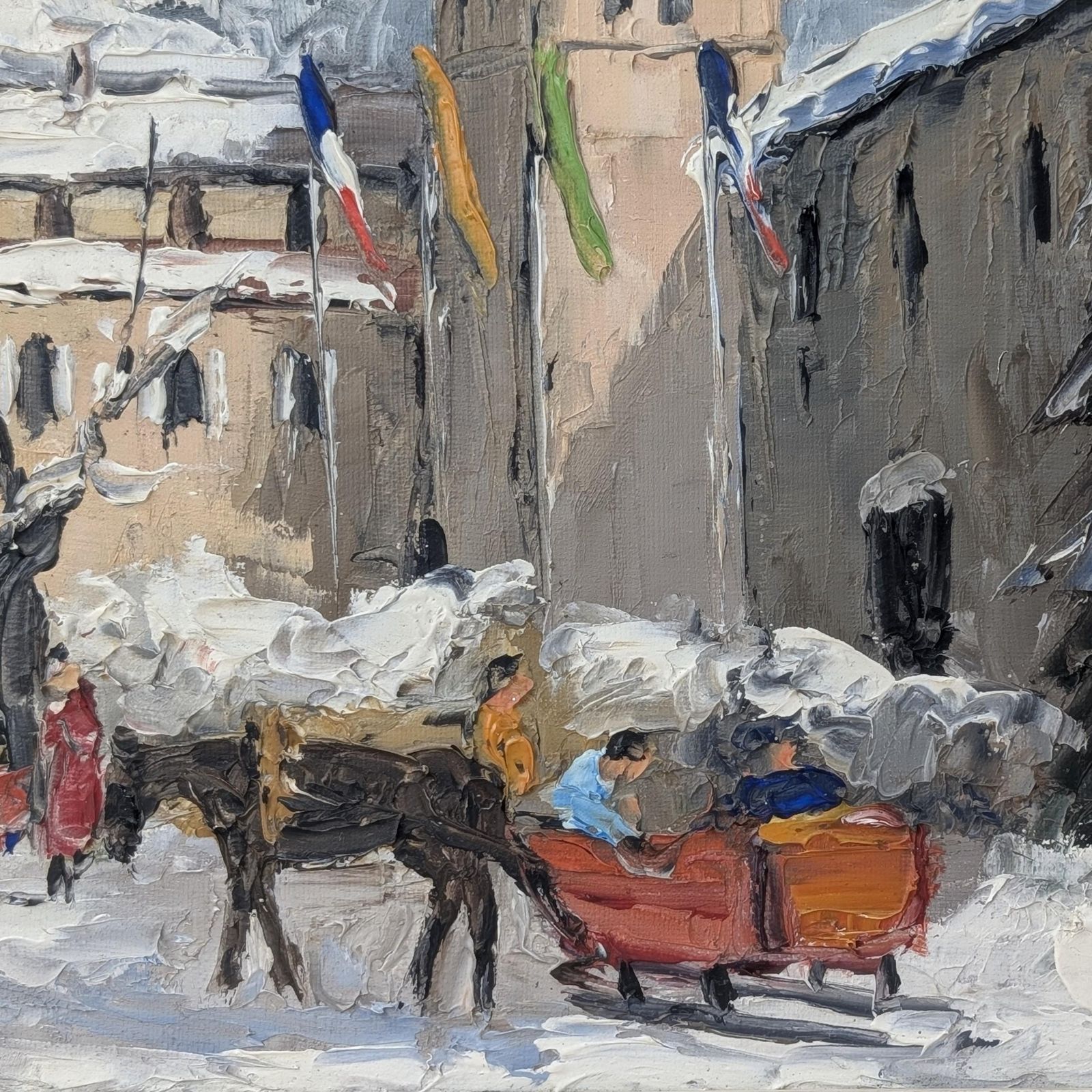 French Alps Winter Village Oil Painting On Canvas: Mid Century Impasto Snow Scene photo 273.0