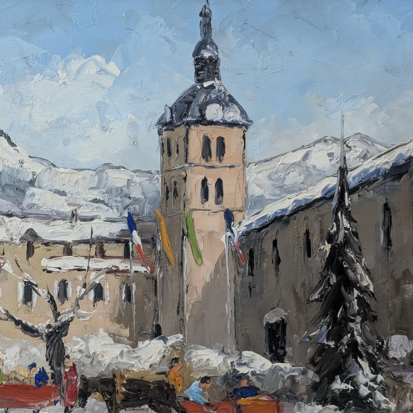 French Alps Winter Village Oil Painting On Canvas: Mid Century Impasto Snow Scene photo vinterior
