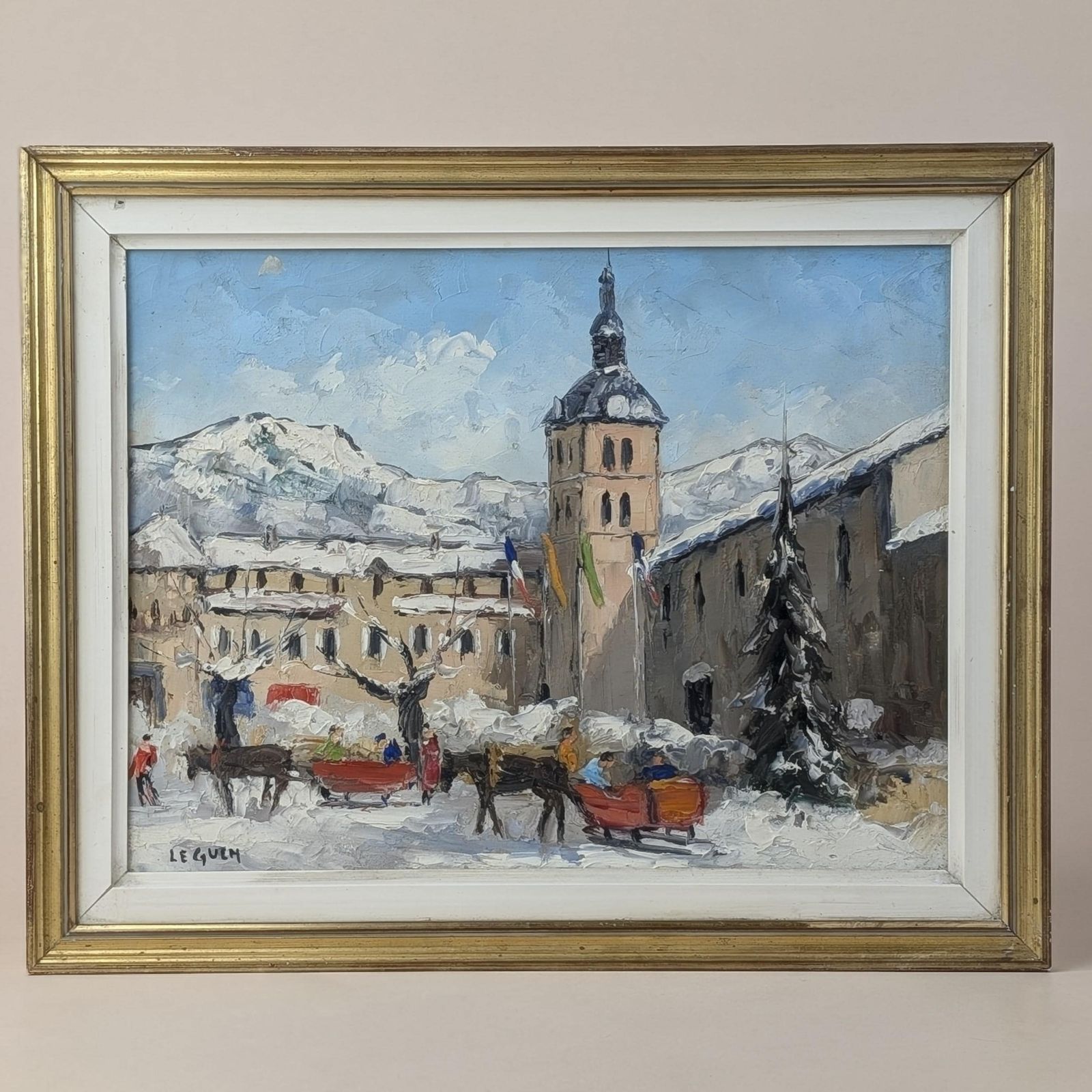 French Alps Winter Village Oil Painting On Canvas: Mid Century Impasto Snow Scene photo vintage