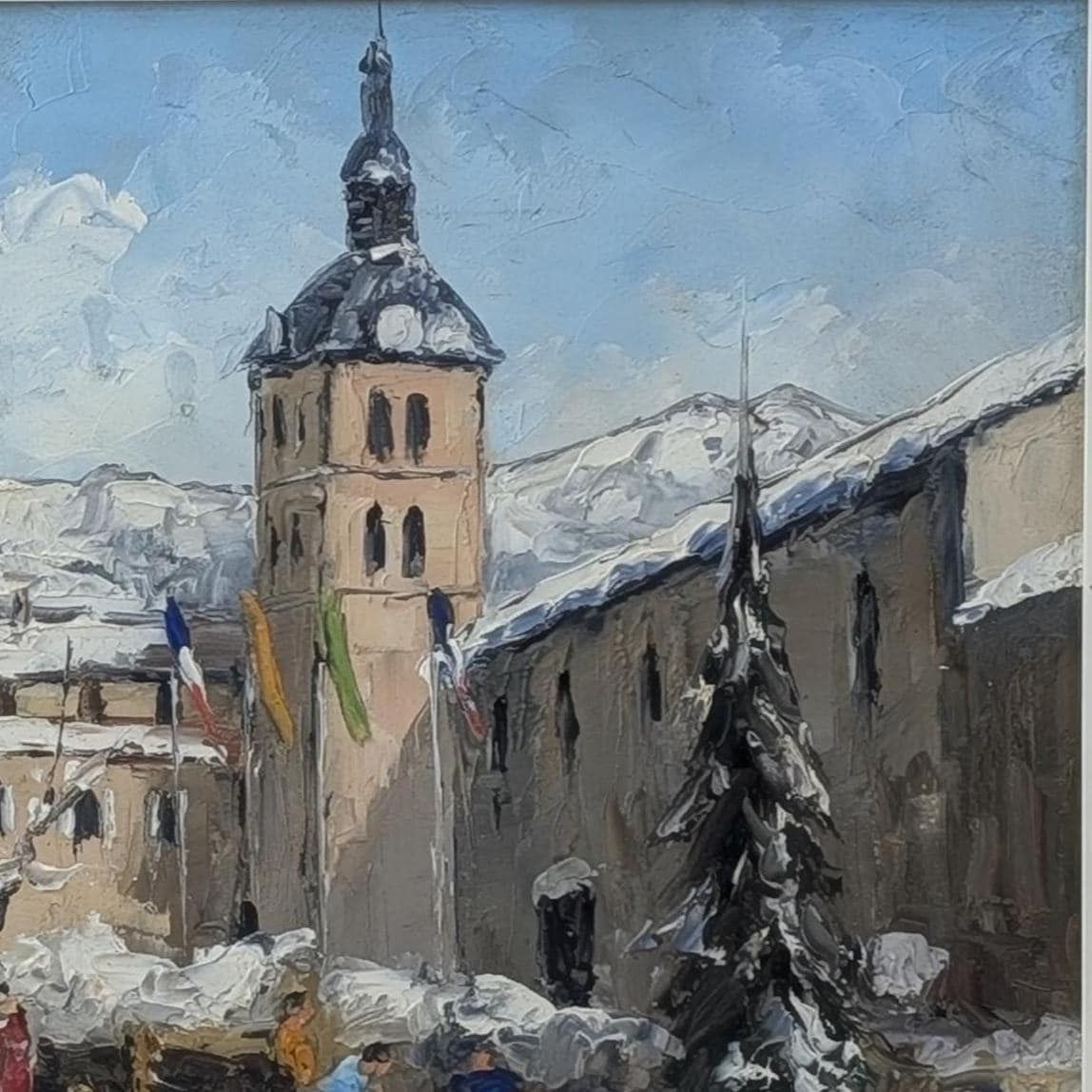 photo furniture French Alps Winter Village Oil Painting On Canvas: Mid Century Impasto Snow Scene