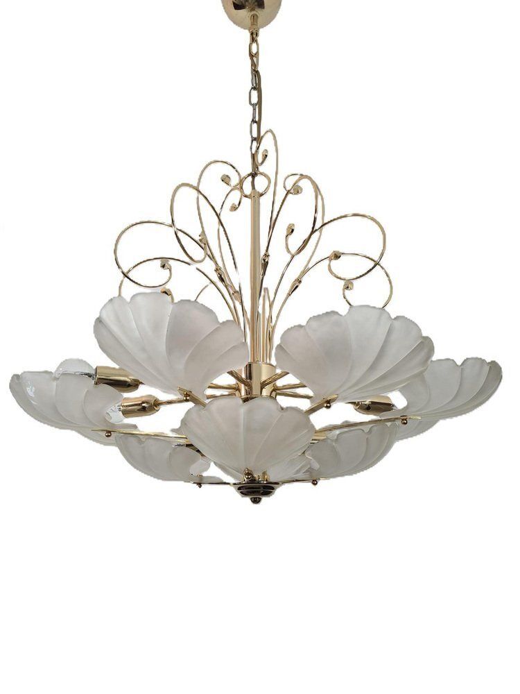 Frosted Glass And Brass Chandelier From Deknudt, Belgium, 1970s
